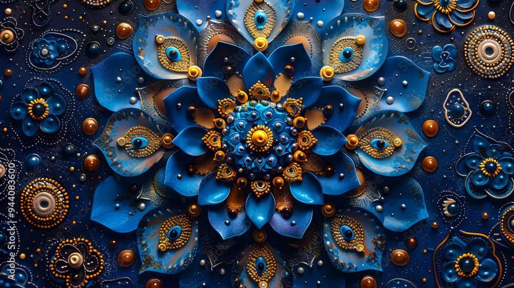 Blue and Gold 3D Abstract Flower Illustration Blue and Gold 3D Abstract Flower Illustration