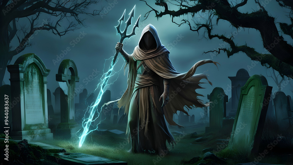 a grim reaper with a staff in the graveyard a grim reaper with a staff in the graveyard