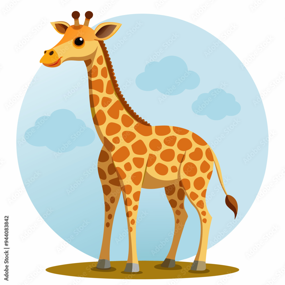 Obraz premium Cartoon Giraffe with Spots Standing in a Blue Sky with Clouds