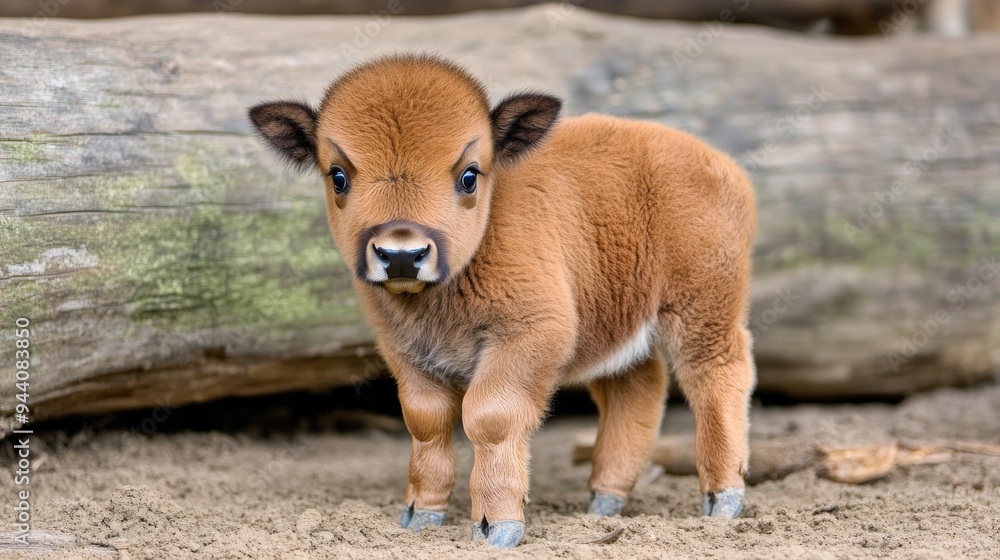 Fototapeta premium A young bison frolics atop a fallen log, surrounded by a breathtaking landscape of yellow mountains and green meadows filled with wildlife