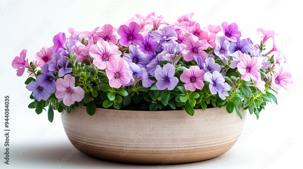 A flower pot filled with purple and pink flowers on a white background A flower pot filled with purple and pink flowers on a white background