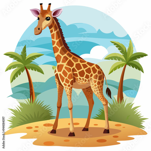 Cartoon Giraffe Standing in a Savanna Landscape