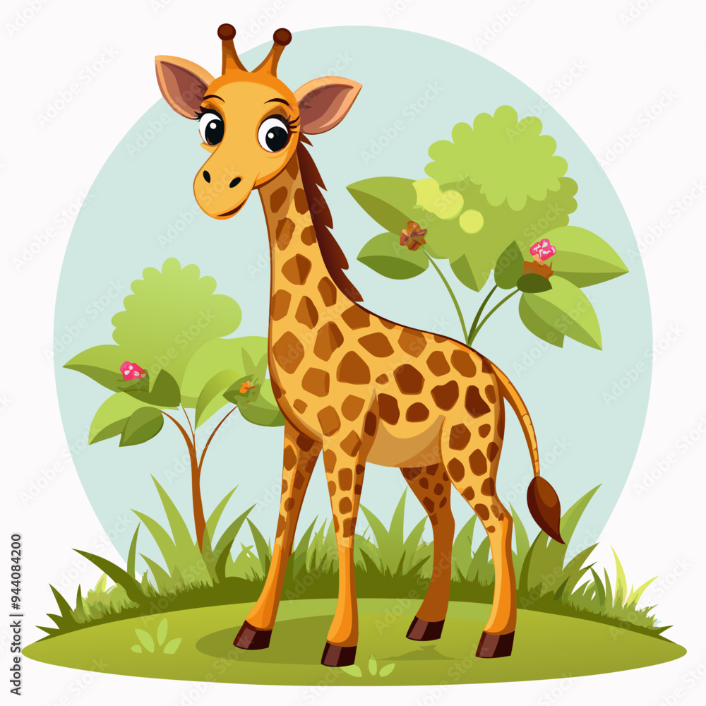 Obraz premium A Cartoon Giraffe Standing in a Grassy Meadow