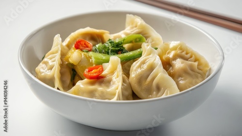 3D close-up of Chinese cuisine, including dumplings and stir-fried vegetables, captured in rich detail against a clean white background, no people.