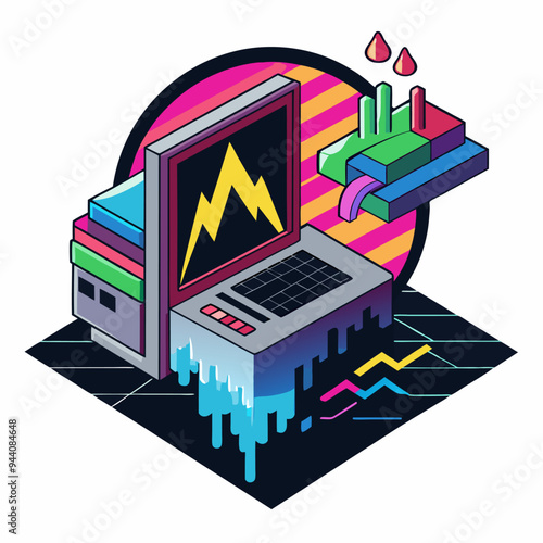 Retro Computer with Geometric Shapes and Data Visualizations