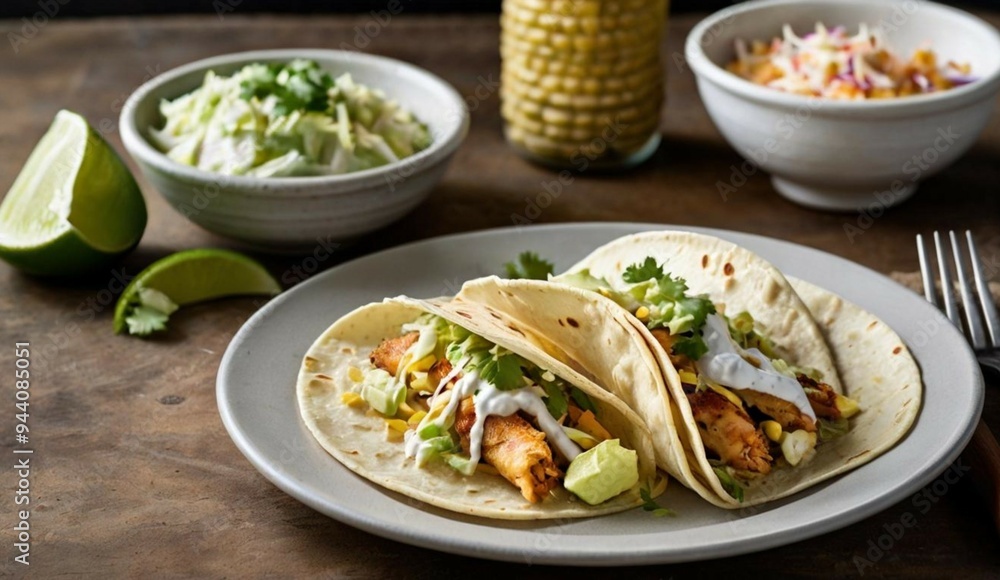 A plate of fish tacos, with flaky white fish, shredded cabbage, and a dollop of creamy sauce, all wrapped in soft corn tortillas. A plate of fish tacos, with flaky white fish, shredded cabbage, and a dollop of creamy sauce, all wrapped in soft corn tortillas.