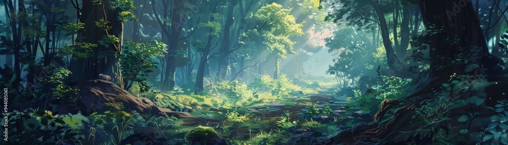 Obraz premium A serene forest scene with lush greenery and soft light filtering through the trees, inviting tranquility and nature's beauty.