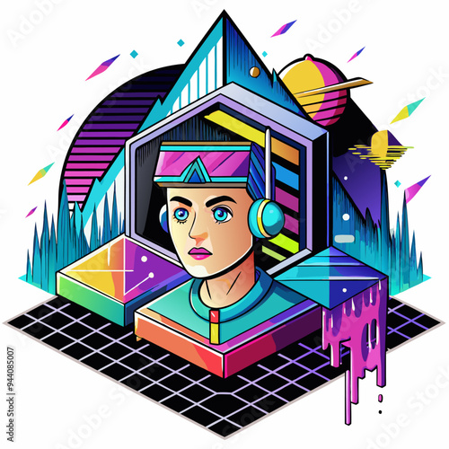 Futuristic Portrait of a Woman with Headphones and Geometric Background