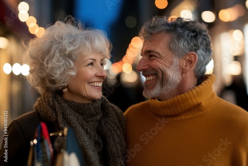 Midnight Luxury Shopping: Elegant Older Couple Exchanging Smiles with High-End Bags on Black Friday