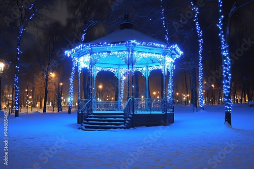 During Advent, snow-covered footpath amidst illuminated trees