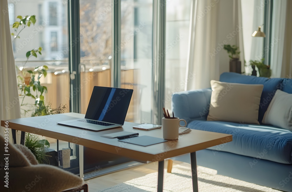 modern home office setup with an open laptop on the desk,workspace modern home office setup with an open laptop on the desk,workspace