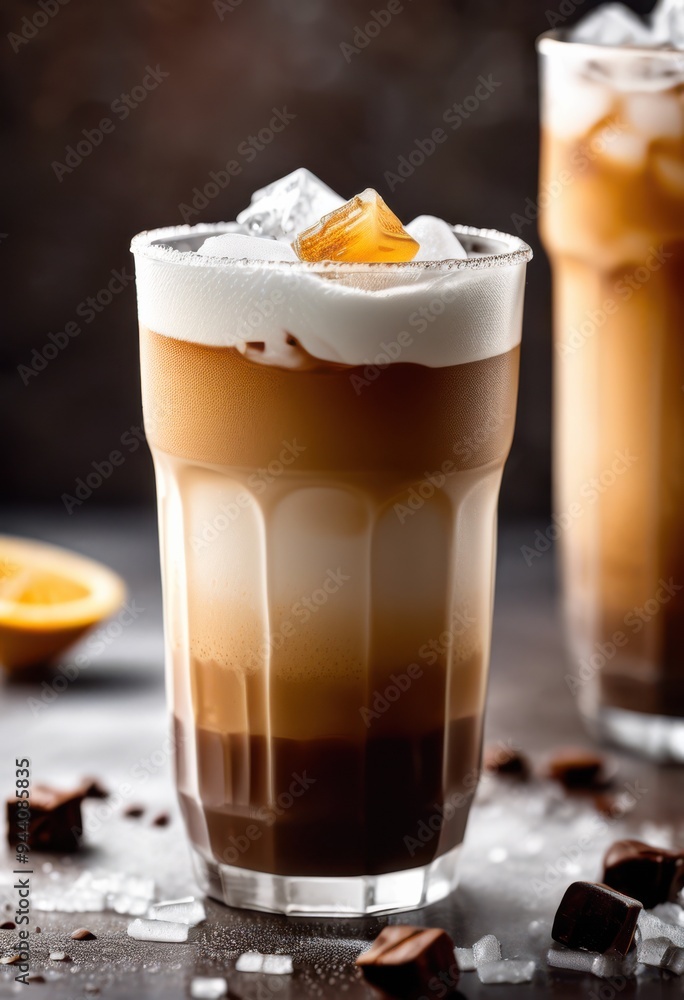 frosted glass displaying iced coffee delights ice cubes creamy foam topping, treats, beverage, refreshment, drink, chilled, latte, espresso, dessert, milk frosted glass displaying iced coffee delights ice cubes creamy foam topping, treats, beverage, refreshment, drink, chilled, latte, espresso, dessert, milk