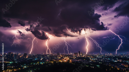 Lightning strikes illuminate a cityscape during a dramatic thunderstorm. The sky is filled with dark, stormy clouds and the city lights below are reflected in the rain.