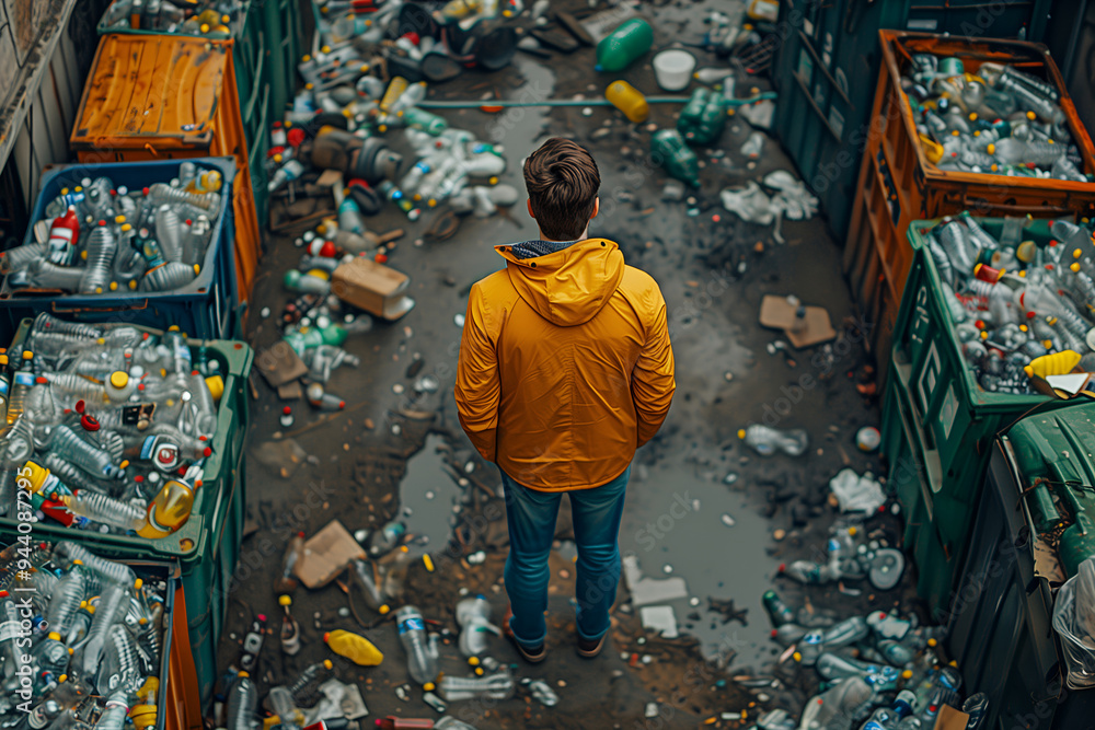 Young man in yellow work jacket at sorting center, top view. Plastic bottles and other waste awaiting sorting in trash bins. Concept of manual waste segregation and recycling industry workforce Young man in yellow work jacket at sorting center, top view. Plastic bottles and other waste awaiting sorting in trash bins. Concept of manual waste segregation and recycling industry workforce