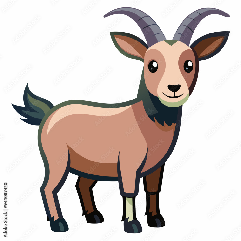 Fototapeta premium Cartoon Illustration of a Brown Goat with Curved Horns