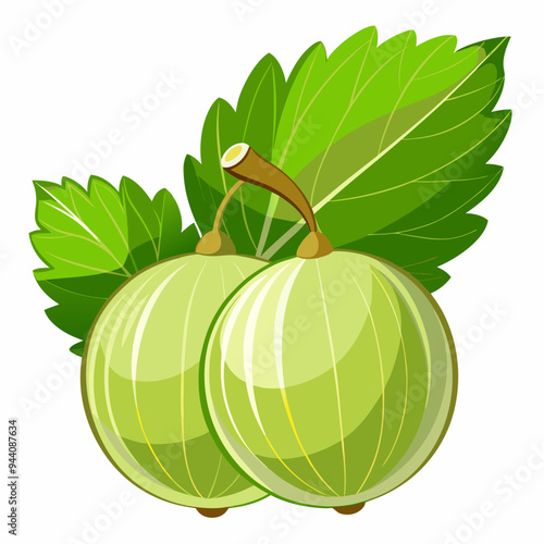 Two Green Gooseberries with Leaves
