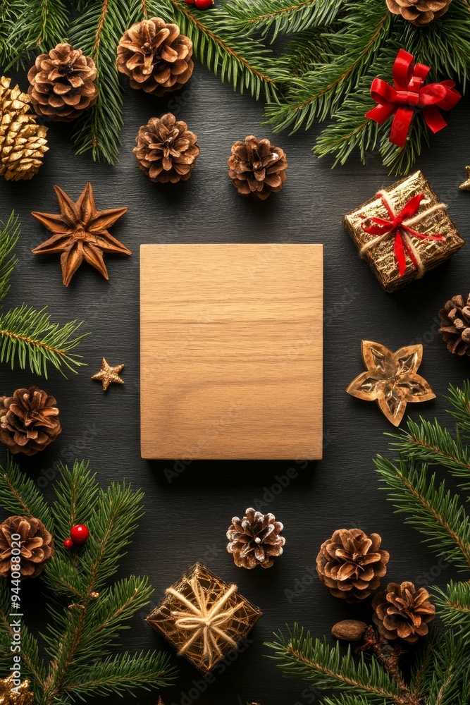Decorated Christmas tree with baubles, fir branches, and wooden board for chopping Decorated Christmas tree with baubles, fir branches, and wooden board for chopping