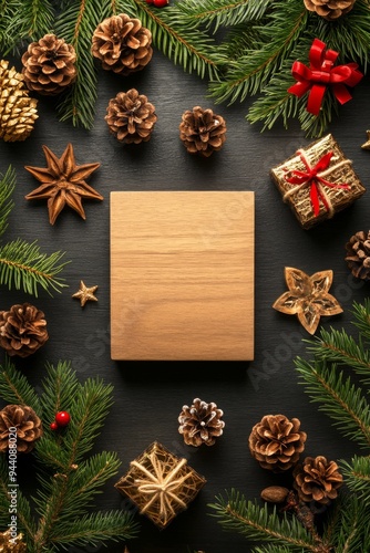 Decorated Christmas tree with baubles, fir branches, and wooden board for chopping