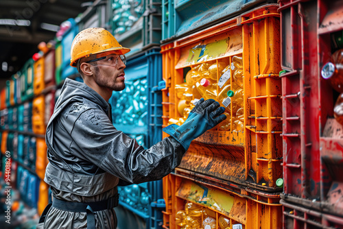 Man in protective suit and helmet preparing plastic waste for further processing on specialized equipment at recycling sorting center, copy space. Concept of industrial recycling and waste management