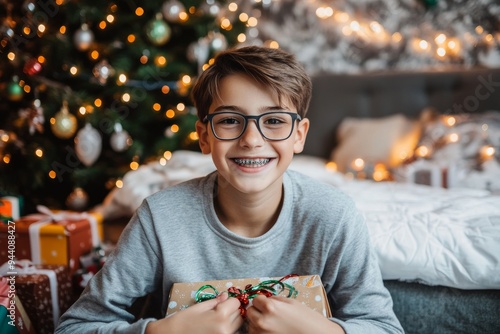 Young boy with braces holding a Christmas book while looking at the tree with excitement