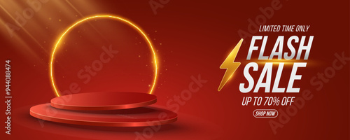 Glowing 3d scene for Flash sale. Levitating platform with neon arc on dark red background. Trendy pedestal for show your product. Promo business banner. Vector illustration.