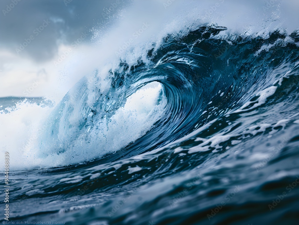 Powerful ocean wave curling dramatically under cloudy sky in tropical waters creates a stunning display of nature's force Powerful ocean wave curling dramatically under cloudy sky in tropical waters creates a stunning display of nature's force