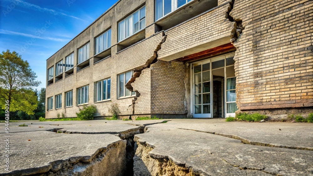 Damaged building foundation with a large crack spreading upwards from the ground, symbolizing weakness, decay, and potential collapse of a once-sturdy structure. Damaged building foundation with a large crack spreading upwards from the ground, symbolizing weakness, decay, and potential collapse of a once-sturdy structure.