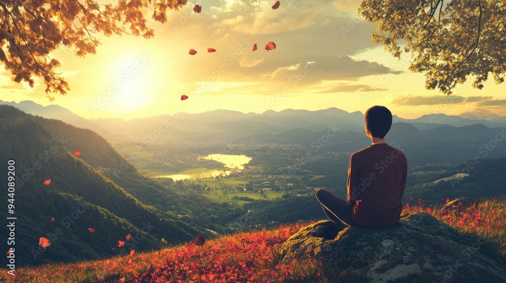 Obraz premium Man Contemplating Nature's Beauty at Sunset