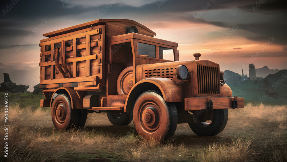 Obraz premium Professionally crafted 3D wooden model of Military Equipment Transport Vehicle.