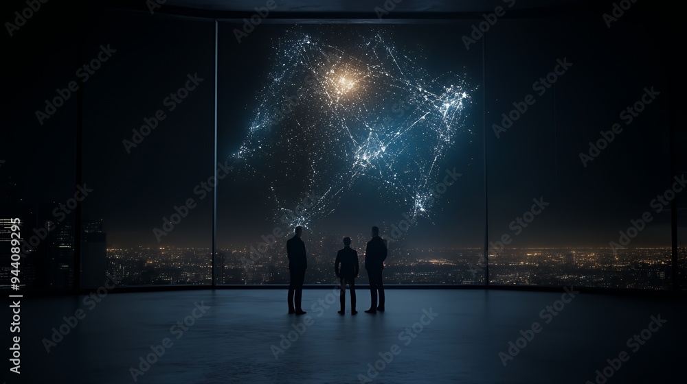 Three figures observe a digital network visualization in a modern, dark space. Three figures observe a digital network visualization in a modern, dark space.