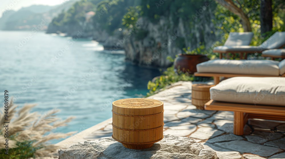 Scenic coastal patio with wooden furniture and ocean view. Copy space. Generative AI Scenic coastal patio with wooden furniture and ocean view. Copy space. Generative AI