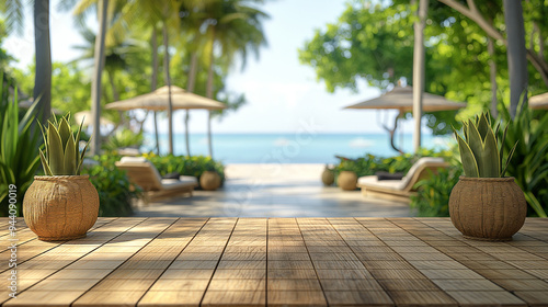  Wooden table with potted plants overlooking a tropical beach resort. Copy space. Generative AI 