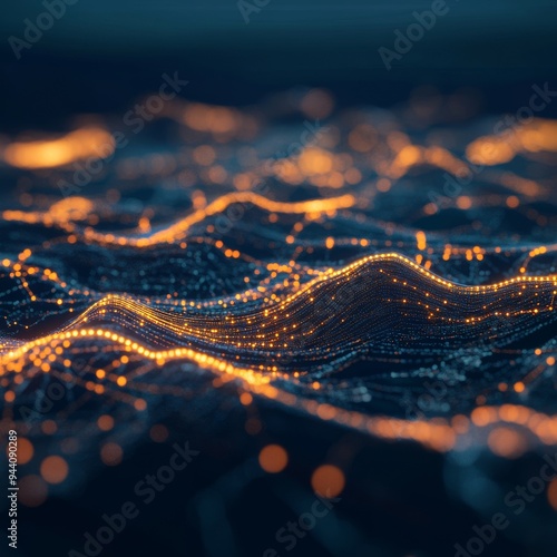 Abstract Digital Landscape with Glowing Lights, 3D Render, Digital Art, Bokeh, Abstract Background