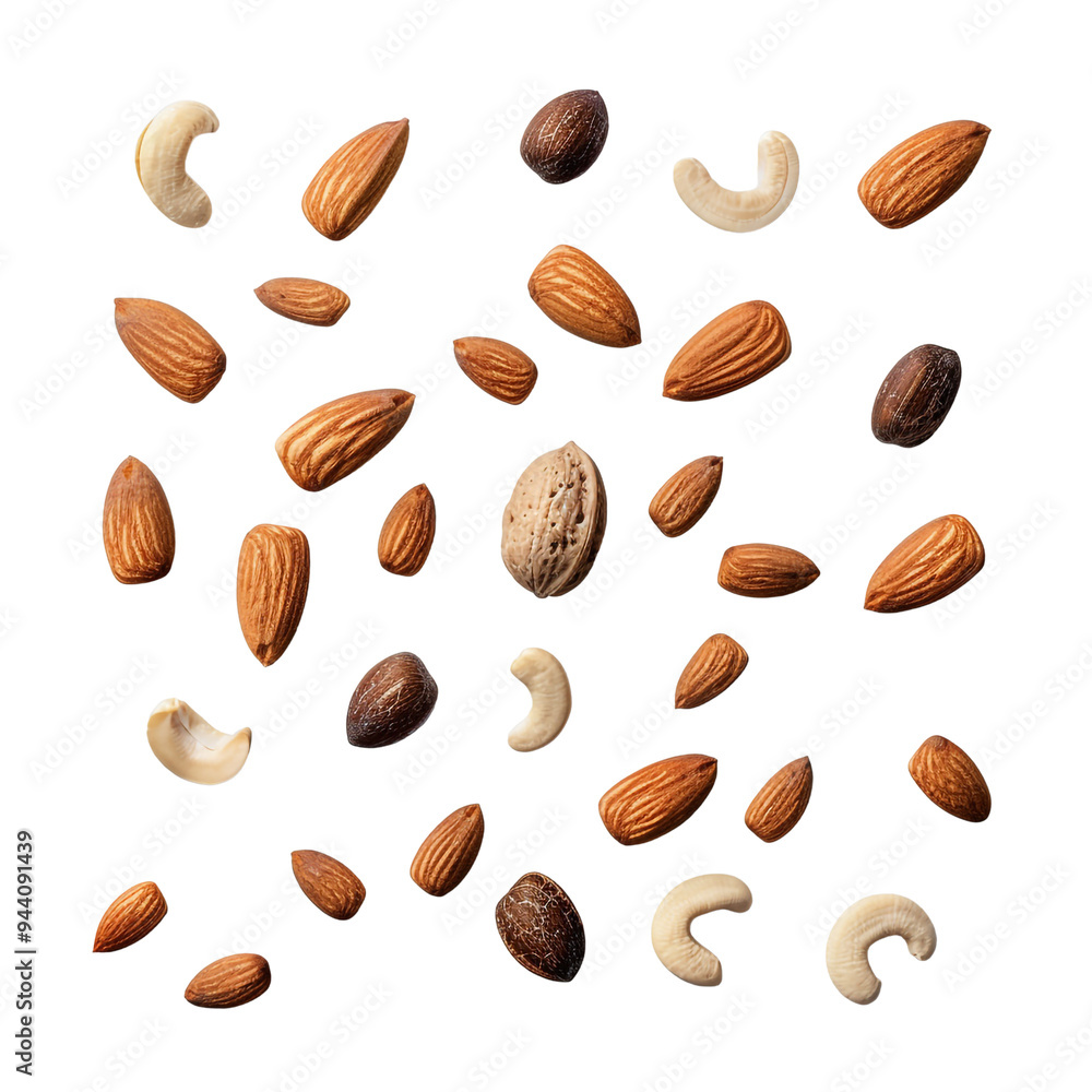 Assortment of Almonds, Cashews, and Pecans on Black Background Assortment of Almonds, Cashews, and Pecans on Black Background