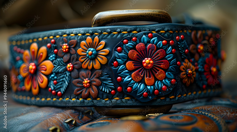 Leather Flower Embroidered Dog Collar Close-Up - Illustration Leather Flower Embroidered Dog Collar Close-Up - Illustration
