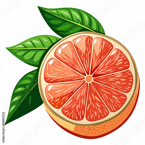 A Freshly Cut Grapefruit Slice with Green Leaves