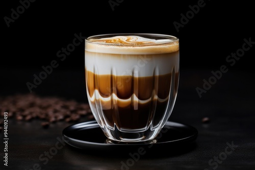 A clear glass coffee cup showcasing a layered latte with visible foam art on top