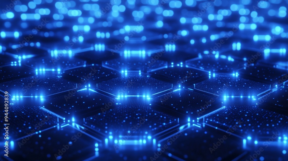 Obraz premium Abstract Hexagon Grid with Blue Lights, 3D Render, Sci-fi, Technology, Network