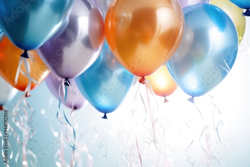 A close-up of several helium-filled balloons with metallic ribbons reflecting light photo