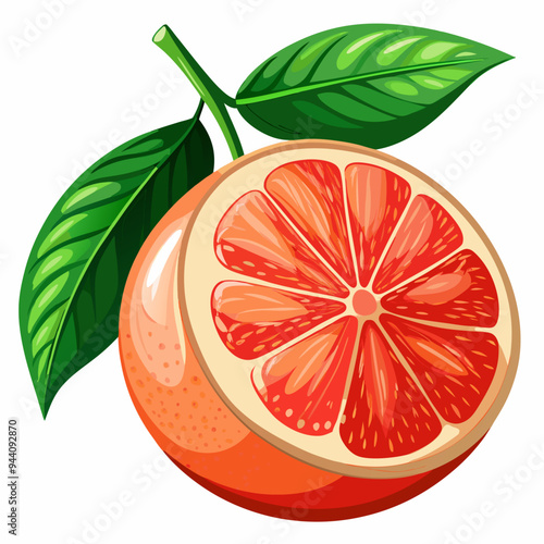 A Half-Cut Grapefruit with Leaves on a White Background