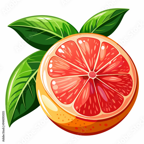 Half of a Ripe Grapefruit with Green Leaves
