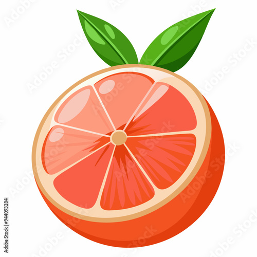 A Half Slice of Grapefruit with Green Leaves