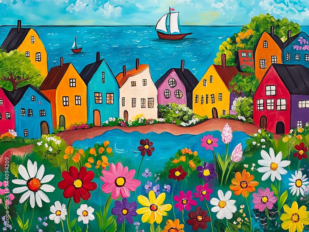 Φωτογραφία A painting of colorful houses by the water with a sailboat in the distance