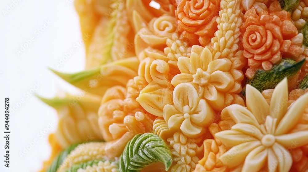 3D close-up of elaborate Thai vegetable and fruit carvings, capturing the intricate designs and fresh appearance against a crisp white background, no people. 3D close-up of elaborate Thai vegetable and fruit carvings, capturing the intricate designs and fresh appearance against a crisp white background, no people.