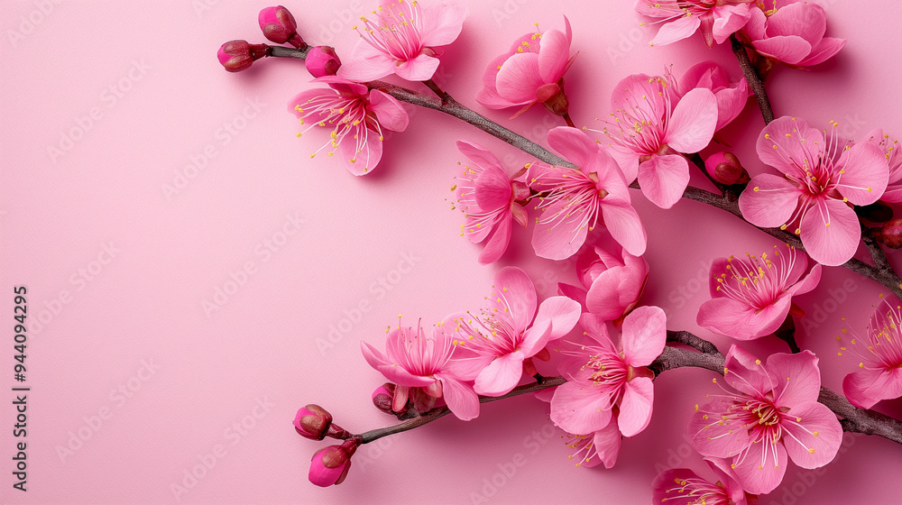 Pink cherry blossom branches on a soft pink background. Copy space. Generative AI Pink cherry blossom branches on a soft pink background. Copy space. Generative AI
