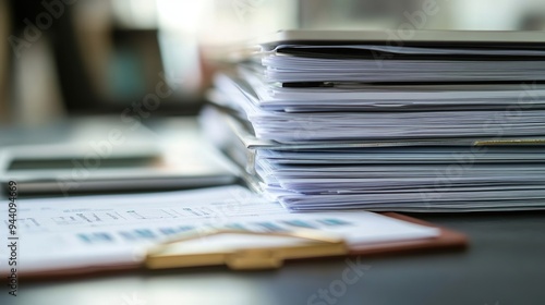 In a close-up shot, a neatly arranged stack of essential documents for opening a bank account is displayed. The stack includes forms, identification papers, and a business plan, each carefully organiz photo