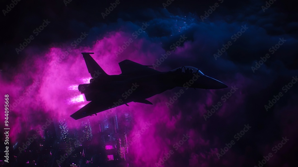 Fototapeta premium A fighter jet flying over a city at night