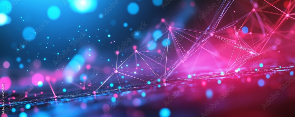 Abstract Network with Pink and Blue Lights, 3D Render, Neon, Glow, Digital , abstract, network