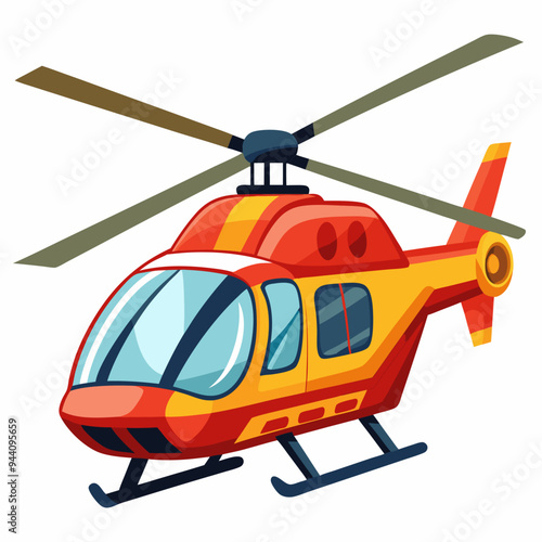 A red and yellow helicopter with a single rotor and a tail fin