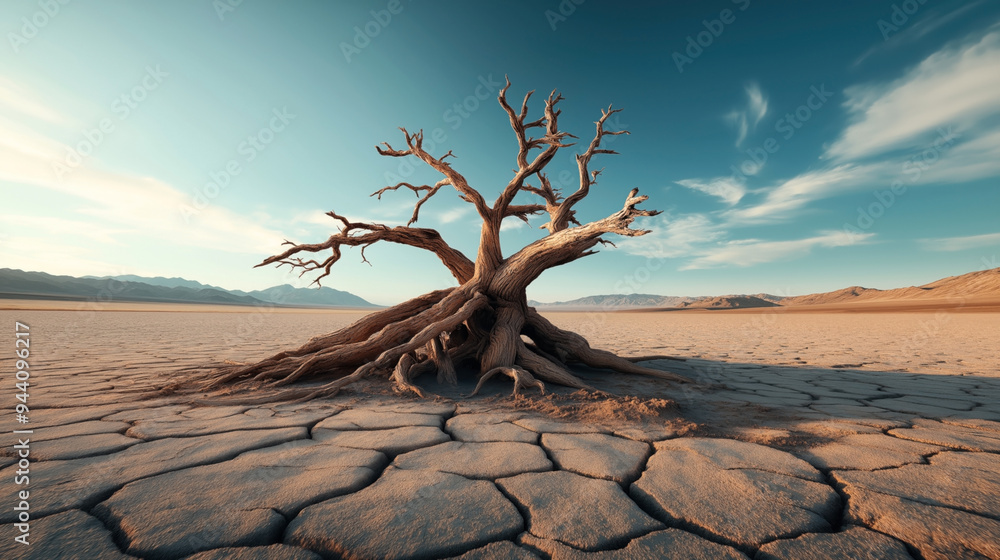 A lone, dead tree with twisted branches stands on cracked, parched earth in a barren desert landscape under a clear blue sky. A lone, dead tree with twisted branches stands on cracked, parched earth in a barren desert landscape under a clear blue sky.